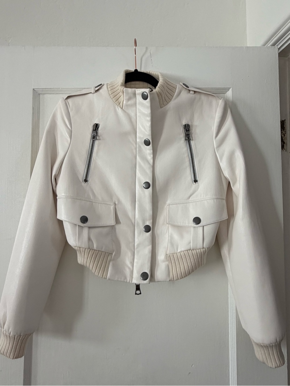 Cropped Alice & Olivia Never Worn White Bomber Jacket with Rib Trim